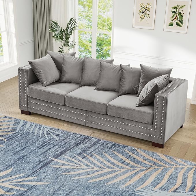 84.5W Mid Century Modern Couch with Storage Upholstered Velvet Sofa Deep Seat Chesterfield Couch with Nailhead Trim &amp Pillows 3-Seat Comfy Sofa for Living Room Bedroom Apartment Office(Grey
