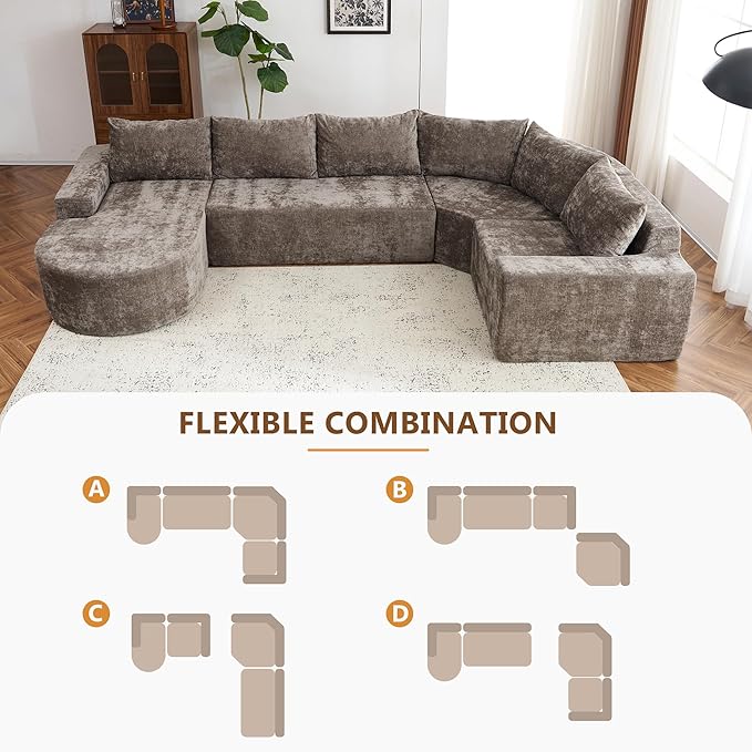 Modular Sofa Set 141.7 Oversized Sofa Cloud Sectional Sofa Set 5 Seat Upholstered Couches U-Shaped Sofa with Deep Seat Chenille Fabric Convertible Sleeper Couches for Living Room(Brown/145)