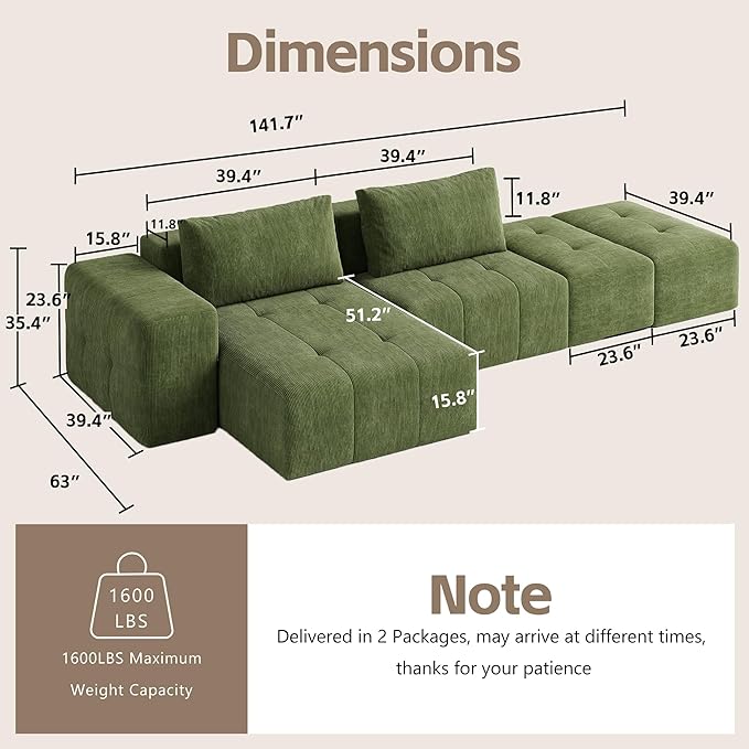 141 Cloud Sectional Couch for Living Room Oversize Boneless Modular Sectional Sofa with Deep Seat L Shaped Modern Cloud Sleeper Sofa Bed with Chaise Green