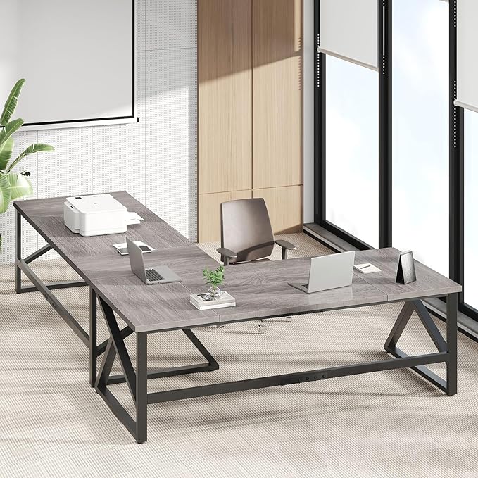 IBF 70 Inch Large Home Office Desk Industrial Long Executive Work Writing Study Computer Table Farmhouse Big Metal Wood Double Desk for Bedroom Living Room Rustic Dual Monitor Desk Light Grey