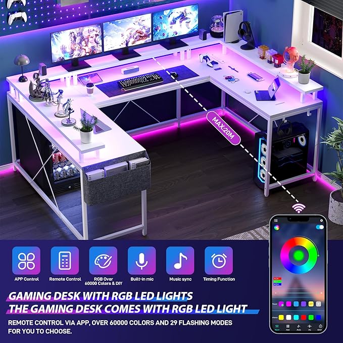 Jojoka U Shaped Desk 79 Inch Large Corner Office Desk with Monitor Stands Reversible L Shaped Computer Gaming Desk with Power Outlets &amp LED LightsU Shaped Gaming Desk (White)