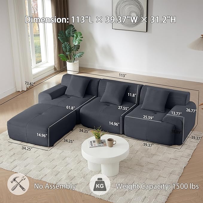 110 Cloud Sectional Couches for Living Room Modern Modular L-Shape Sofa Couch with Chaise 3 Seater Modular Sectional SofaNo Assembly Required (114Dark Gray)