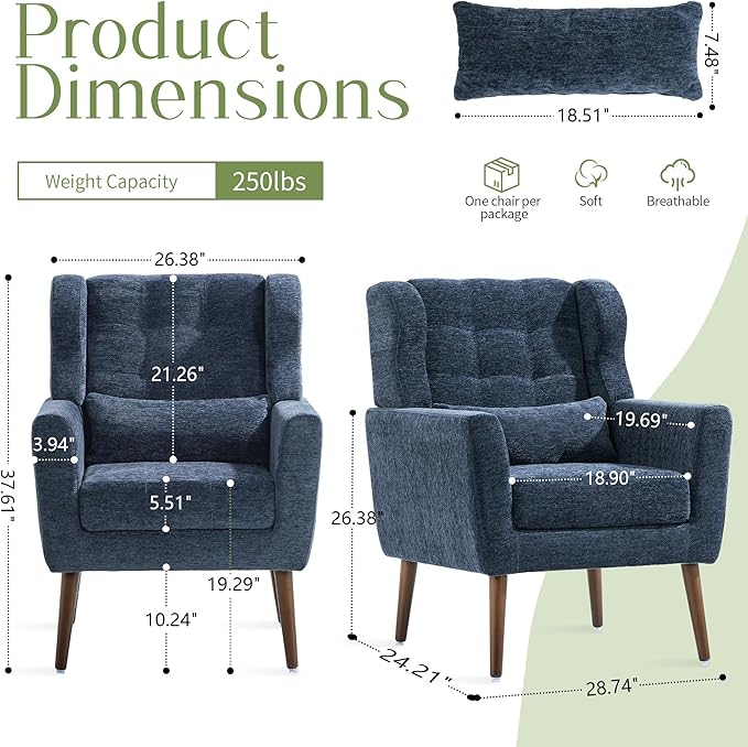 cinkehome Accent Arm Chairs for Living Room Chenille Upholstered Mordern Armchair Comfy Soft Padded Lounge Chair in Small Spaces Bedroom Pillow Solid Wood Leg Blue