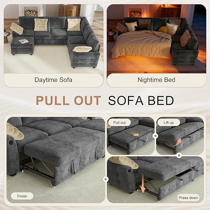 Hanherry Sectional Couch with Pull Out Sofa BedChenille Sleeper Sofa with Storage Ottoman &amp USB ChargingComfy L Shaped Modular Couches for Living RoomApartment