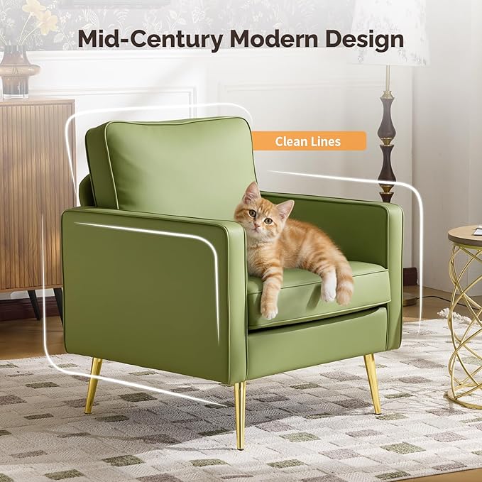 VINGLI Modern PU Leather Accent Chair Single Sofa Chair with Pocket Coil Seat Metal Backrest &amp Solid Wood Frame Upholstered Armchair for Living Room Bedroom or Office