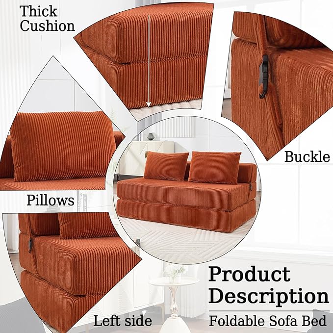 55 Convertible Folding Sofa Bed with 2 Pillows Corduroy Foldable Sleeper Sofa for Adult Floor Couch Bed for Living Room Bedroom No Assembly (Orange)