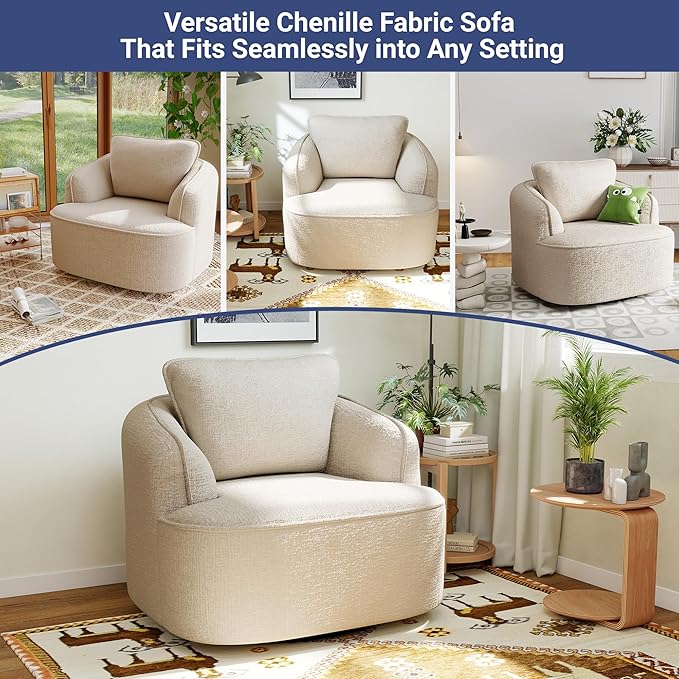 36 Swivel Barrel Chair 360° Rotating Accent Chair with Plush Chenille Upholstery Ergonomic Back &amp Boneless Comfort for Living Room Bedroom Office No-Assembly Beige