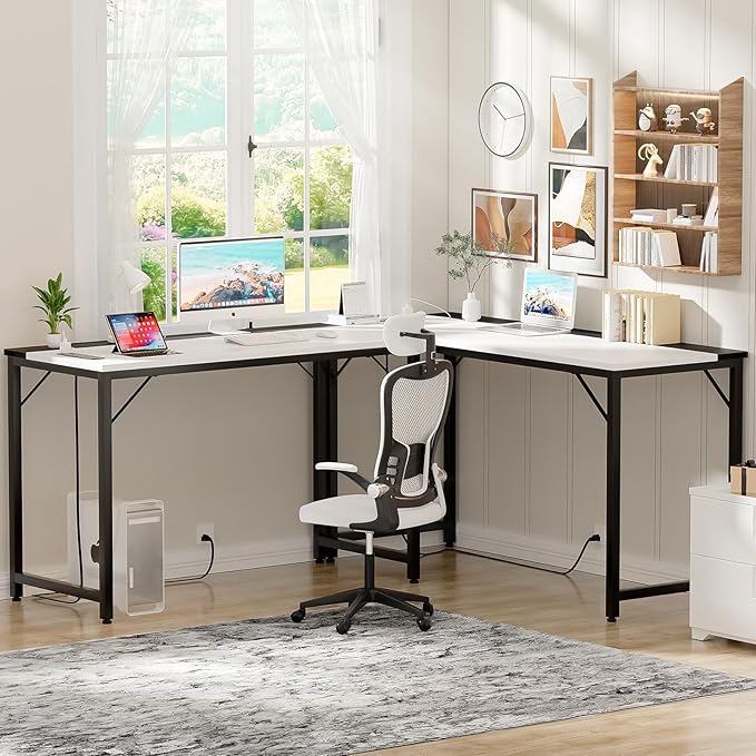 55 Inch Computer Desks with Power Outlets and USB Charging Ports Modern Office Desk for Small Spaces Sturdy Laptop PC Gaming Writing Table for Students White and Black