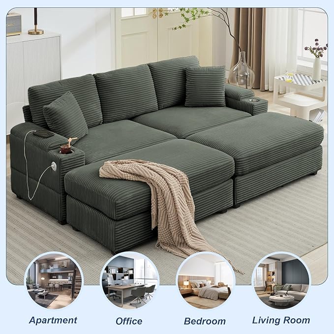 86.6 Sectional Sofa Couch with 2 Ottomans Comfy Corduroy Upholstered Cloud Modular Convertible Couch with Cup Holders and USB Armrest Storage Deep Seat Oversized Loveseat for Living Room Green