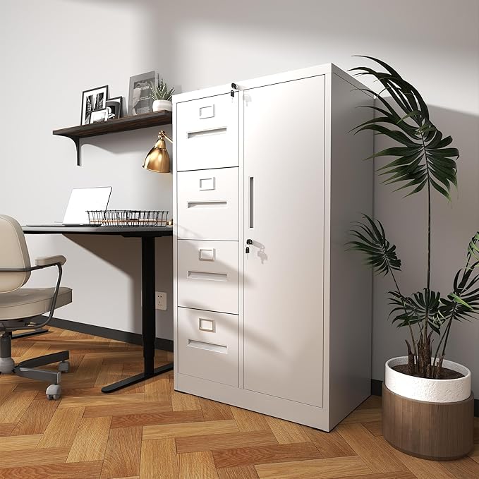 4 Drawer Small File Cabinet with Lock Under Desk Locking Storage Drawers Organizer Filing Cabinets for Home OfficeWhite