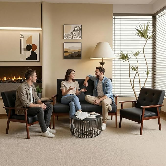 JIASTING Mid-Century Modern Solid Loveseat Sofa Upholstered Faux Leather Couch 2-Seat Wood Armchair Living Room/Outdoor Lounge Chair Waiting Room Sofa 50”W