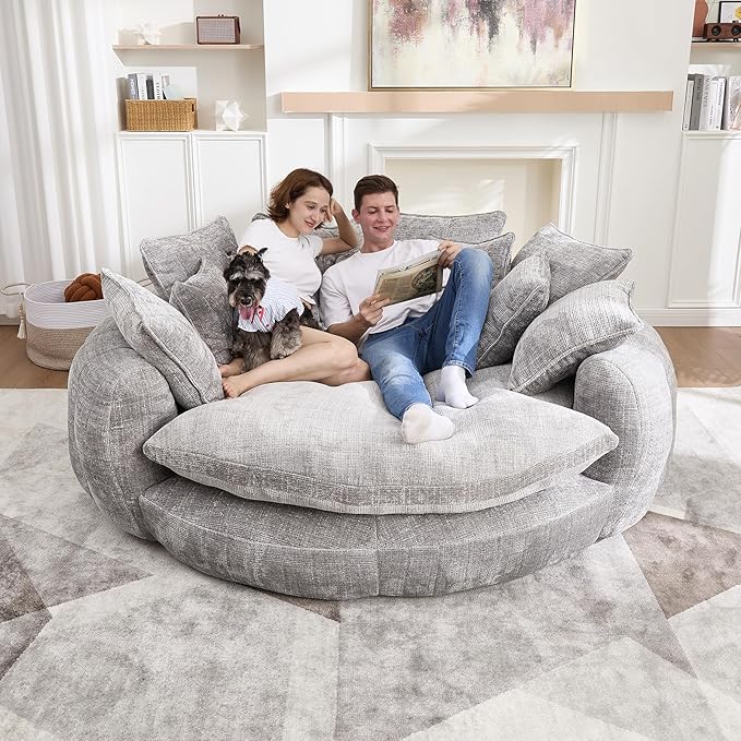 Oversized Sleeper Sofa Bed 81'' Round Chaise Lounge Chair Indoor Modern Chenille Boneless Couch Loveseat Plush Couch Cloud Couches Comfy Bean Bag Chair for Living Room Apartment (Light Grey)