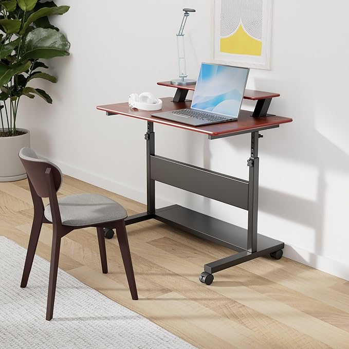 Eureka Ergonomic Mobile Standing Desk 41 Inch Lockable Home Office Height Adjustable Computer Desk PC Table with Hutch Teak Top