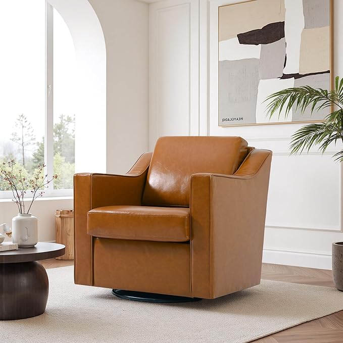 Swivel Accent Chair Modern Round Barrel Arm Chair for Living Room Bedroom Comfy Club Reading Chairs for Adults (Leather Brown Set of 2)