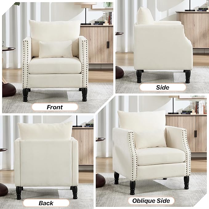 ABET Linen Accent Chairs 1PC Mid-Century Modern Reading Armchair with Removable Lumbar Pillow Upholstered Side Sofa Chair for Living Room Bedroom Beige