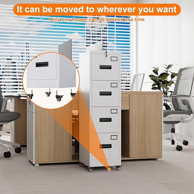 METAN 4 Drawer File Cabinet on Wheels Lockable Metal Filing Cabinet with Handle and Name Card for Office HomeAssembly RequiredWhite