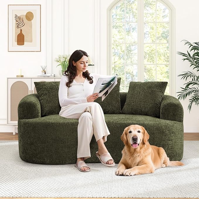 60 Curved Sectional Sofa for Small Spaces - Plush Chenille Modern Cloud Loveseat with Pocket Springs &amp Memory Foam Boneless Floor Couch for Living Room 27.6 Extra Deep Seat No Assembly (Green