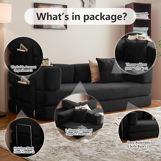 78.8 Convertible Sofa Bed - Compression Sofa with Corduroy Fabric - with Armrests and Backrest - Modular Sectional for Living Room Bedroom Studio - Compression Sofa in Box (Black)