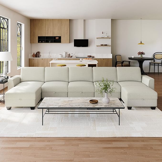140 Large u Shaped Couch Oversized Modular Sectional Sofa with Storage Ottoman 7-Seater Comfy Combination Sofa Deep Seat Couches for Living Room Beige