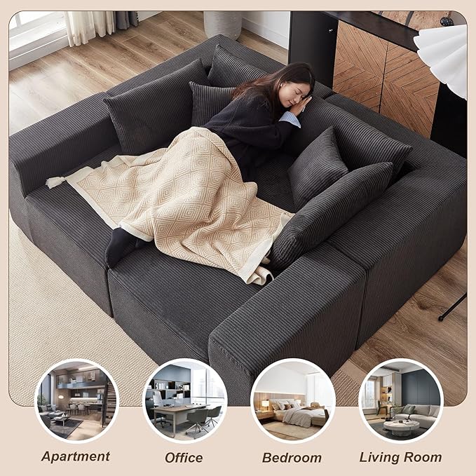 104” Modular Sectional Sofa Cloud Sectional Couch with Deep Seat Modern Modular L-Shape Sofa Couch with Chaise Upholstered Couches Sleeper Sofa Bed for Living Room Bedroom (Corduroy Black)