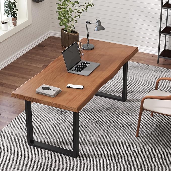 Solid Wood Office Desk 47.24 Tan Executive Computer Desk with Heavy-Duty Metal Base Multi-Purpose Desk/Dining Table Ideal for Home Office &amp Work Environments
