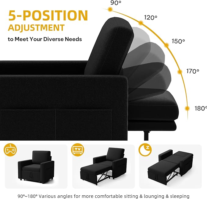 YITAHOME Convertible Sofa Chair Bed 3-in-1 Sleeper Sofa with Pull-Out Bed Linen Fabric Single Sleeper Chair with Reclining Backrest and Wide Armrest Modern Lounge Sofa for Small Space Black