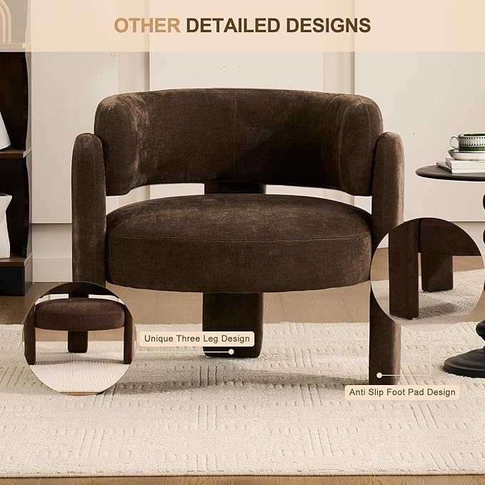 Modern Accent Barrel ChairMid Century Single Armchair with Curved Backrest Upholstered Side Reading Chair with 3 Legs Comfy Sherpa Chair for Bedroom Home Office Living Room (Brown)