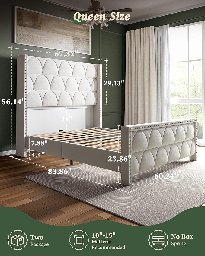 Queen Size Bed Frame with 56 Headboard - Velvet Upholstered Wingback Platform Bed Frame Noise Free Sturdy Wooden Slat Support (Cream Queen)