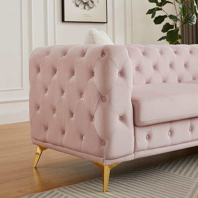 61.25'' Velvet Chesterfield Sofa Button Tufted Upholstered Love Seat Sofa Couch with 2 Pillows Golden Metal Feets Removable Thick Cushions Small Loveseat Couches for Living Room Apartment Pink