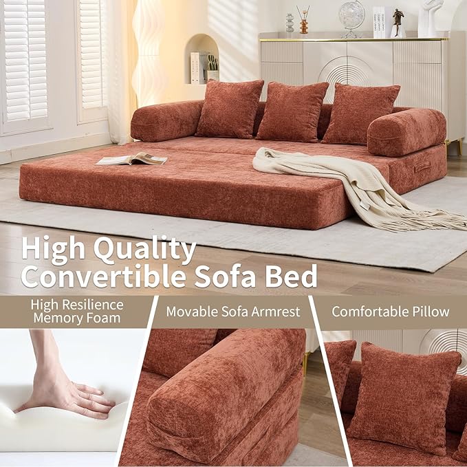 Convertible Sofa Bed 4-in-1 Floor Foldable Couch Bed with Armrests &amp Pillow Chenille Fabric No Assembly Required Comfy Memory Foam Couch Lounge Sofa for Living Room Orange