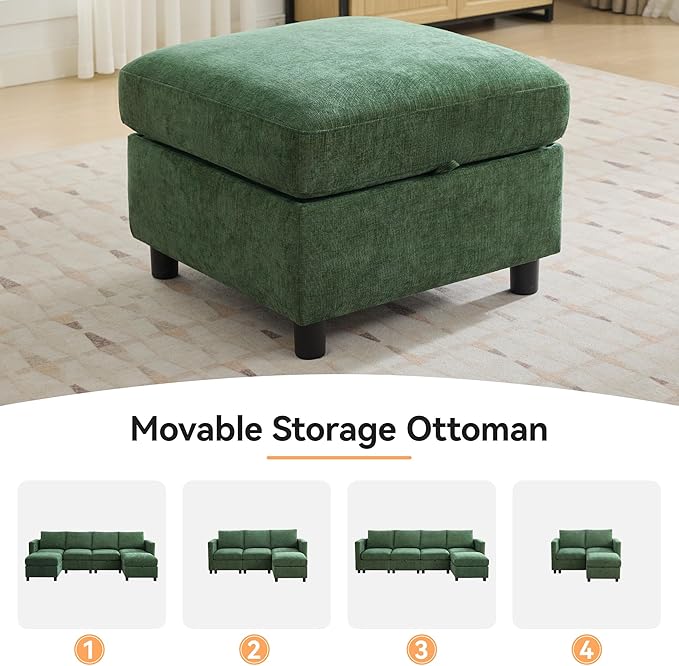 25”Square Storage Ottoman Module for Modular Sectional Sofa Living Room Coffee Table Sectional Ottoman Footrest for Convertible Couch Chenille Dark Green