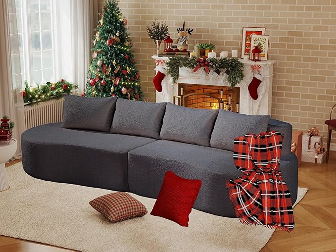 110 Boneless Arc Sectional Sofa 4-Seater-Cloud Couch Compressed in-2-Box Extra Deep Wide Seats for Apartment Living RoomTerry Cloth Fabric No Assembly Carbon Gray
