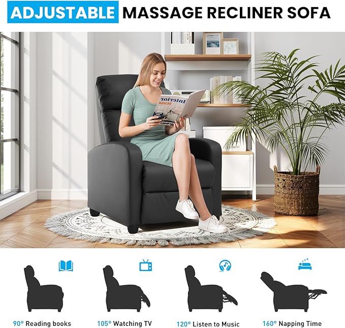 BLKMTY Massage Recliner Chair for Living Room Single Sofa Recliner Adjustable Reading Chairs Modern Ergonomic Recliner Club Chair Home Theater Seating Massage Leather Lounge Black