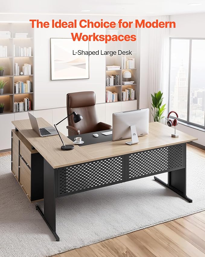 VEVOR 63 L-Shaped Executive Desk Large Office Desk with Drawers File Storage Cabinet Detachable 350 LBS Load Capacity Corner Table Easy Assembly Business Furniture Workstation for Home Office
