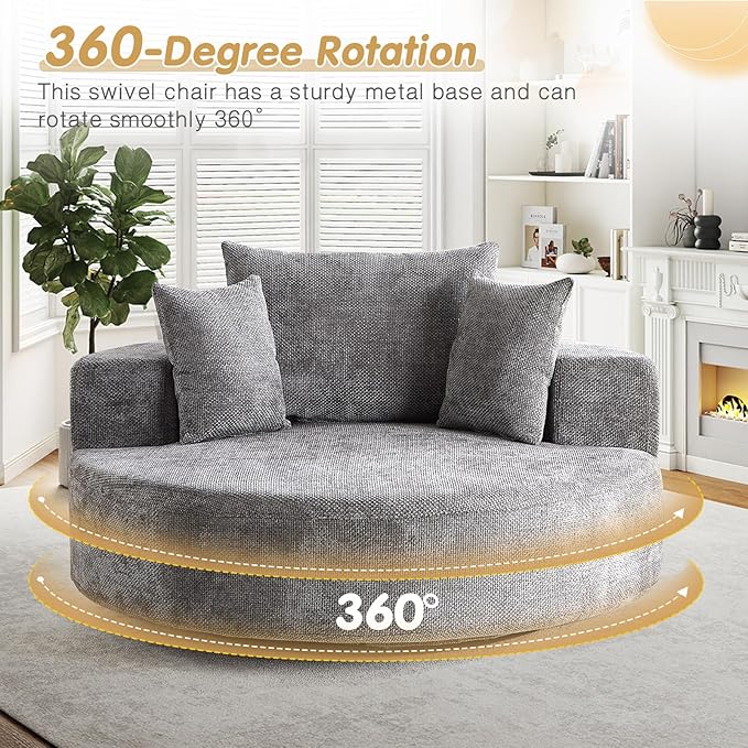55 W Oversized Round Swivel Accent Barrel Chair360 Degree Chenille Upholstered Comfy Chaise Lounge Chair IndoorModern Deep Seat Single Sofa Armchair for Living RoomBedroomOffice(Grey)
