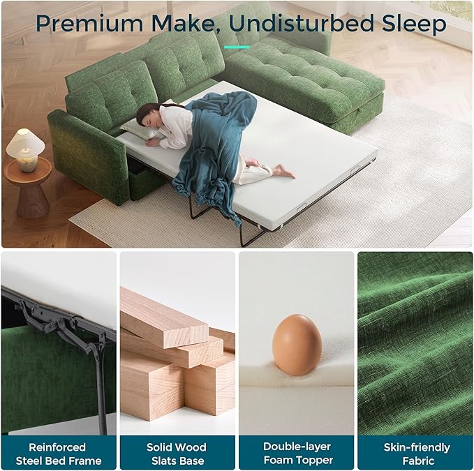 LINSY Oversized Sectional Sleeper Sofa 118 Pull Out Couch with Storage Chaise Convertible Sofa Bed with Memory Foam Topper Comfy L Shaped Couches for Living Room Apartment Dorm Room Green