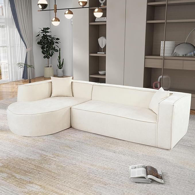 Modern Modular L-Shape Sectional Sofa Couch with Curved Design and Two Throw Pillowsfor Living Room Apartment Study Office (Beige@Curved)