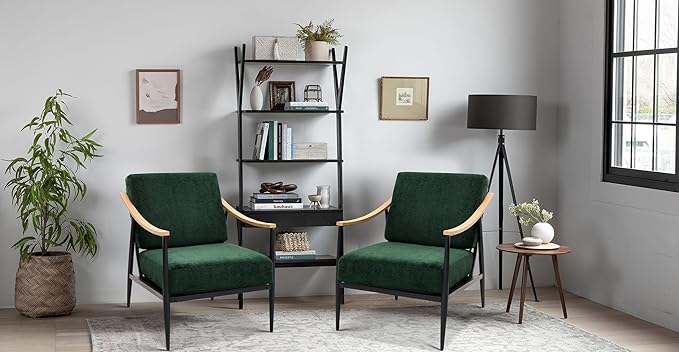 Modern Accent Chairs Set of 2 for Living Room Bedroom Mid Century Arm Chairs Upholstered Office Accent Chairs Comfy Waiting Room Chairs with Metal Frame Green