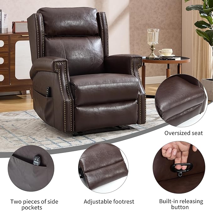Manual Recliner Chair Faux Leather Push Back Recliners with Vibration Massage Lumbar Heat Living Room Single Sofa Reclining Rivet Design Chair Red Brown