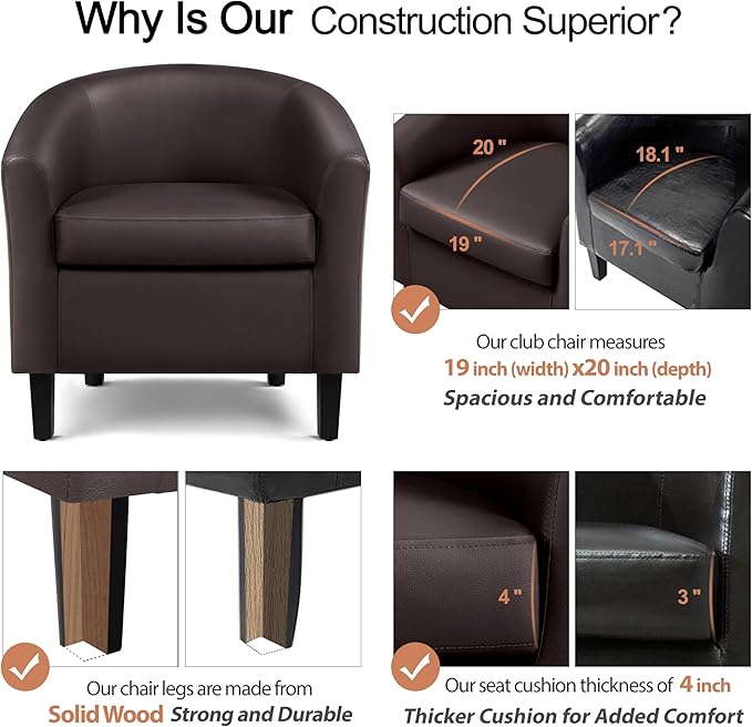 Yaheetech Leather Club Chair Faux Leather Accent Chair Modern Living Room Armchair with Wood Legs and Padded Seat for Bedroom Reception Room Espresso