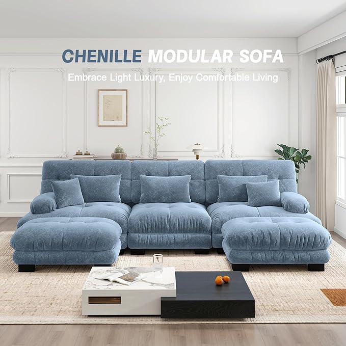 Cloud Couch 133.8“ Sectional Couches for Living Room Oversize Deep Seat U Shaped Couch Chenille Fluffy 3 Seats Sofa with 2 Ottomans Blue