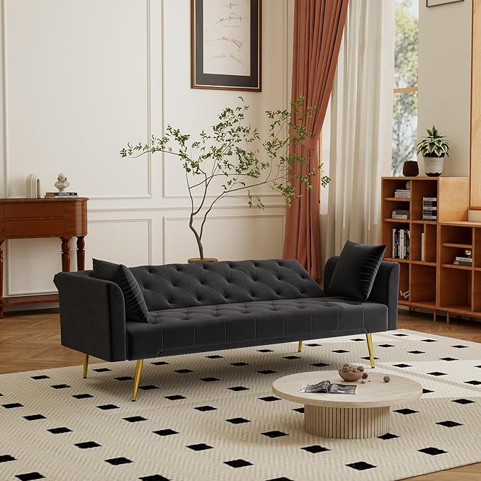 KEIKI 72 2Seat Velvet Sofa Couch for Urban Loft Home Office Style Conscious Urban Professionals Cozy Warm Perfect for Entertaining Relaxation Classic Refined Premium Design Black