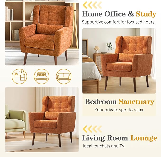 Accent Chair Set of 2 Upholstered Armchair with Pillow Fabric Single Sofa Chair with Lounge Seat and Wood Legs Accent Chair for Living Room Small Spaces (Orange Set of 2)