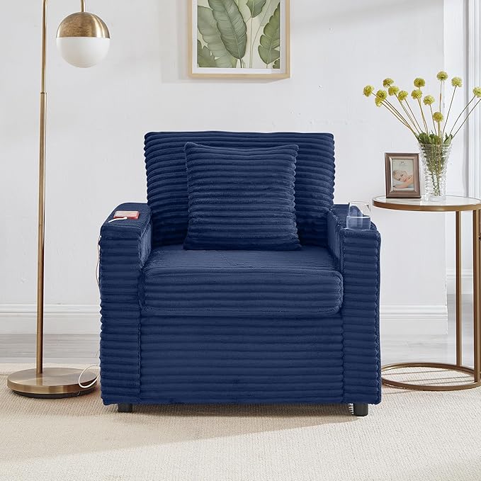 Modern Corduroy Cloud Chaise Lounge Chair with Ottoman Storage USB Ports &amp Wooden Side Table – 34.5 Comfortable Reading Chair for Living Room Bedroom &amp Home Office Reading Room Blue