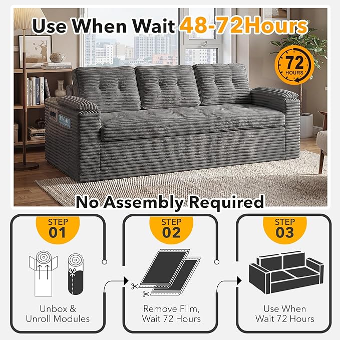 83 Boneless Couch 3 Seater Cloud Corduroy Sofa in a Box with Deep Tufted Cushions Zero Assembly Removable Washable Cover Family-Friendly Living Room Couch Dark Grey