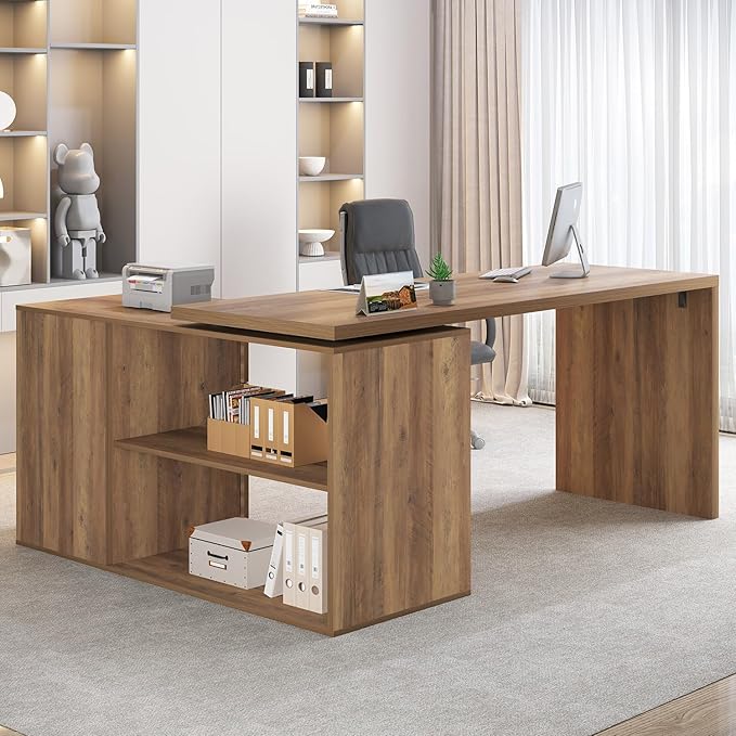 HSH L Shaped Desk with Storage Drawers Shelves Large Corner Computer Table in Home Office Industrial Wood Desk for Executive Writing Work Study Rustic Oak 55 Inch