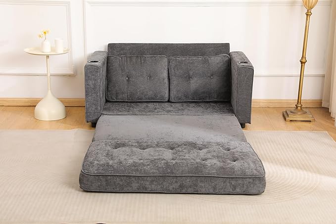 ERYE Foldable Loveseat Sofa Convertible Pull Out Sleeper Sofabed2 Seat Tufted Upholstered Sofa Modern Convertible Sleeper Couch Bed with Cupholders and Side Pockets