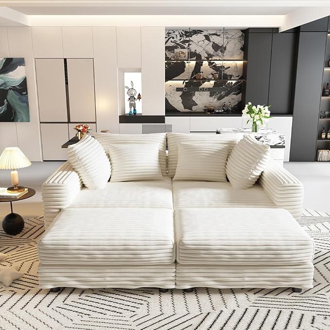 102.4'' Cloud Couch with 2 Ottomans 4 Deep Seat Convertible Modular Sectional Sofa Plush Corduroy &amp Memory Foam Couches with 6 Soft Pillows for Living Room Apartment