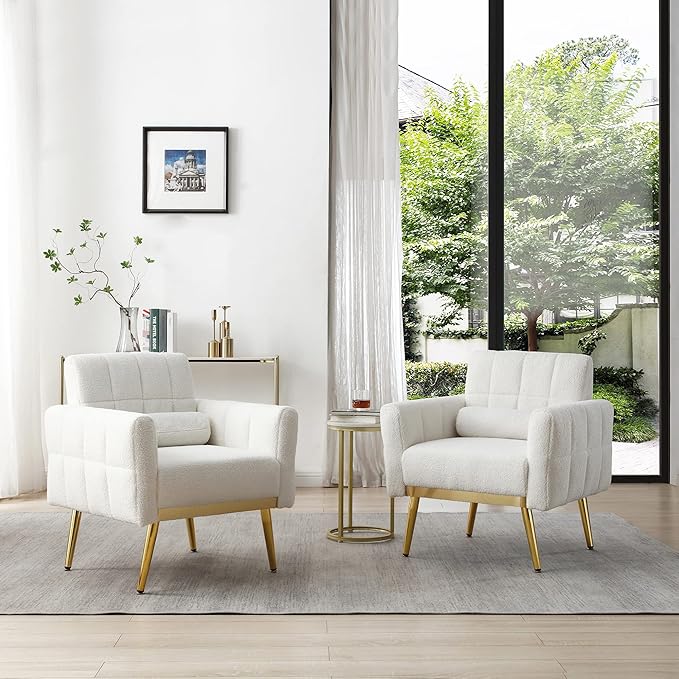 Accent Chair Soft White Teddy Fabric Comfy Upholstered Arm Chair Fluffy Leisure Chair Armchair Living Room Chairs for Bedroom/Living Room Sofa Chair with 1 Waist Pillow