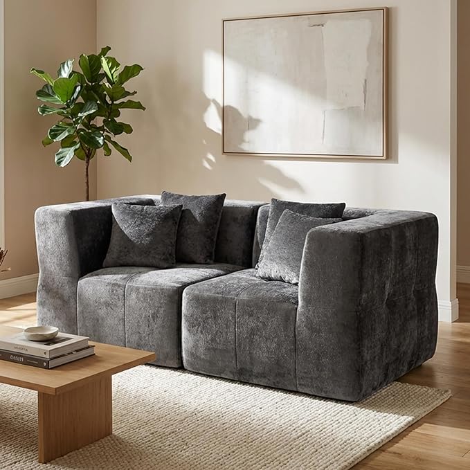 · REDEARTH · Love Seat Modular Velvet Sectional Sofa No-Assembly Compressed Couch in a Box Firm Support Boneless Modular System in Plush Velvet for Living Room (2-Seater) Dark Gray